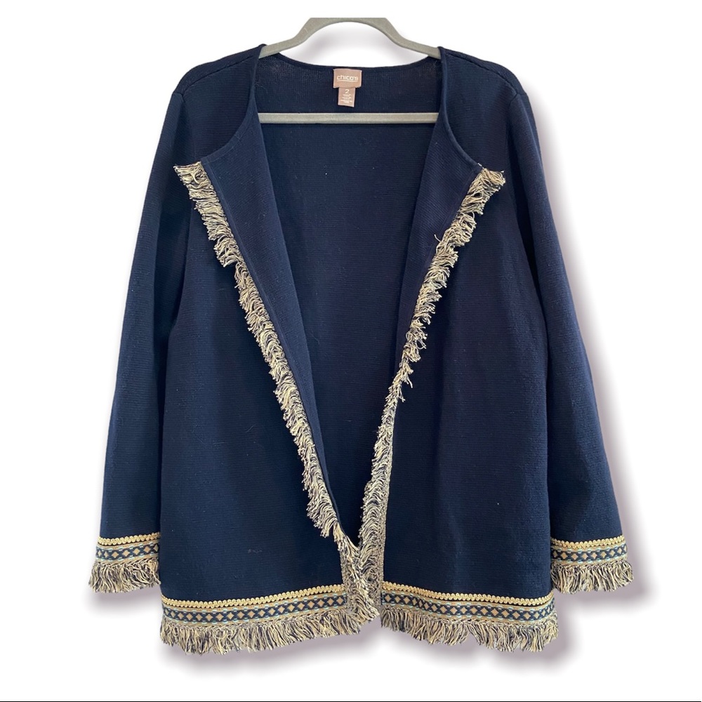 CHICO’S Coatigan Navy Blue Embroidered Fringe Trim Open Cardigan Size 12